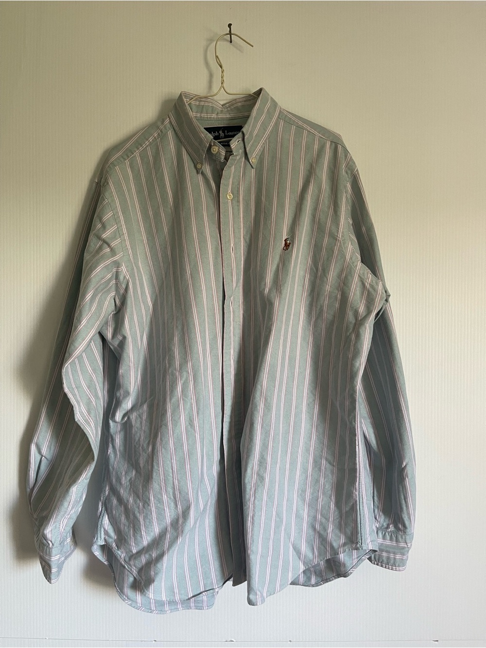 Ralph Lauren Light Green Button-Down Shirt with Pink & White Stripes